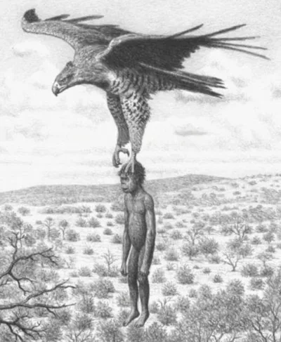 Bird carrying a person over a landscape